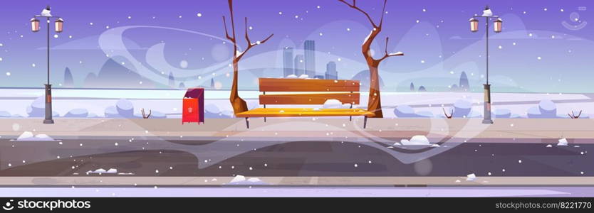 Winter city park with wooden bench, bare trees, blizzard and snowdrifts around, lanterns, bin and town buildings skyline. Urban empty public garden landscape, snow fall under dull sky Vector cartoon. Winter city park with wooden bench and bare trees