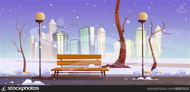 Winter city park with wooden bench, bare trees, blizzard and snowdrifts around, lanterns and town buildings skyline. Urban empty public garden landscape, snow fall under dull sky, Vector cartoon. Winter city park with wooden bench, urban garden