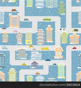 Winter city seamless pattern. Metropolis with Office buildings and transport. Skyscrapers and public property. Snow falls. Roof of home covered with snow. Map of winter urban texture. Ornament for baby tissue.