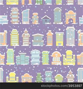 Winter city seamless pattern. Snowfall. Skyscrapers and municipal buildings in the snow. Christmas winter background. Cute retro fabric ornament