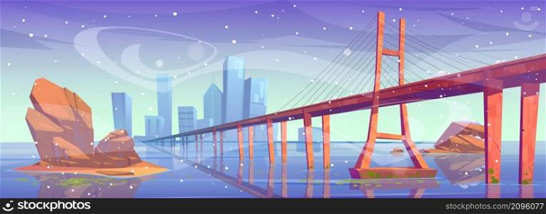Winter city skyline with bridge over frozen water bay under falling snow and wind. Modern metropolis cityscape with skyscraper buildings architecture, glass towers at sea, Cartoon vector illustration. Winter city skyline with bridge frozen water bay