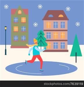Winter city street and wintertime activities of people vector. Man skating on ice rink in town. Snowing weather in evening. Pine tree and lantern with homes in rural area. Person wearing warm clothes. Winter City with Man Skating on Rink in Evening