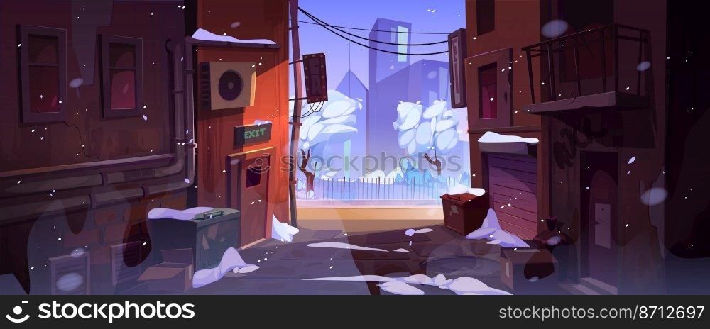 Winter city street landscape with old houses, back alley, road and park behind fence in snowfall. Dirty alleyway with trash bins and snow, vector cartoon illustration. Winter city street landscape with back alley