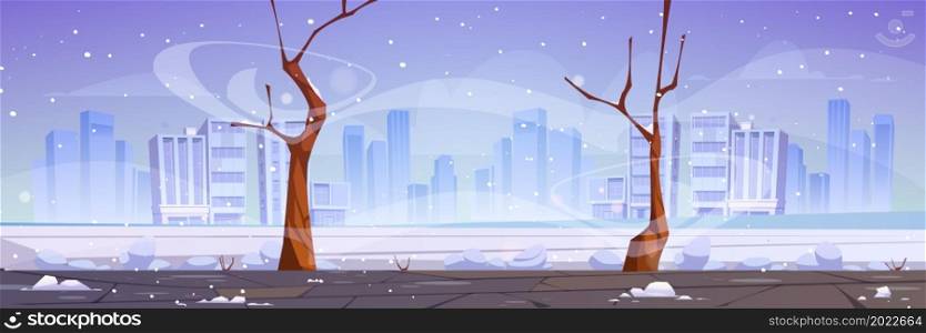 Winter city street with bare trees, blizzard and snowdrifts around, modern town buildings skyline at wintertime season. Urban empty landscape, snow fall under dull sky and cold wind, Vector cartoon. Winter city street with bare trees, blizzard.