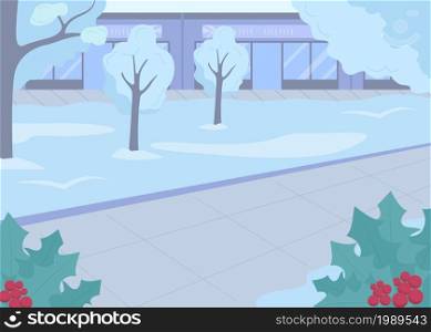 Winter city streets flat color vector illustration. Cold season in town district. Festive evening at Christmas time boulevard. Wintertime 2D cartoon landscape with trees under snow on background. Winter city streets flat color vector illustration