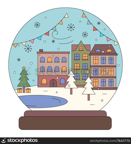 Winter city with homes and houses vector. Isolated glass snowball with buildings and decoration of street. Pine tree with presents under fir, snowy ground and flags decor. Bauble with snowflakes. Winter Cityscape Street with Buildings Snowball