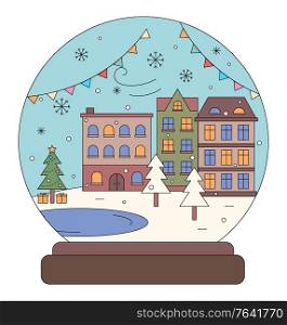 Winter city with homes and houses vector. Isolated glass snowball with buildings and decoration of street. Pine tree with presents under fir, snowy ground and flags decor. Bauble with snowflakes. Winter Cityscape Street with Buildings Snowball