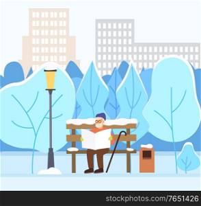 Winter cityscape and old man sitting on wooden bench reading newspaper. Grandfather with stick in park. Cold and frosty day outdoors. Senior character in city. Vector in flat style illustration. Old Man Reading Newspaper in Winter City Park