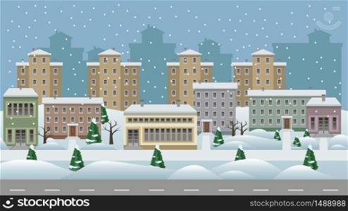 Winter cityscape cartoon background. Modern city landscape with houses and shop buildings in snow along a street, trees and walks. Flat design style. Vector illustration