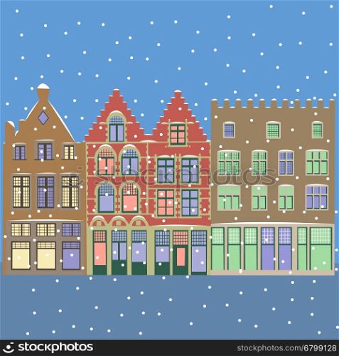 Winter cityscape. Christmas winter city street with small colorful houses and snowflakes. Sleek style vector illustration.. Vector. Urban Winter Christmas landscape.