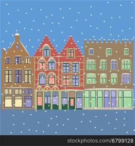 Winter cityscape. Christmas winter city street with small colorful houses and snowflakes. Sleek style vector illustration.. Vector. Urban Winter Christmas landscape.