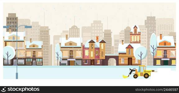 Winter cityscape with buildings, trees and snowplow vector illustration. Cityscape with skyscrapers and snow. Winter city concept. For websites, wallpapers, posters or banners.