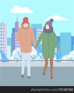 Winter cityscape with citizens vector, man and woman on date walking at street. Frosty weather and trees covered with snow. Couple wearing warm clothes illustration in flat style design for web, print. Couple Man and Woman Holding Hands Winter City