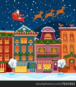 Winter cityscape with houses and streets decorated for christmas. Santa Claus on carriage with reindeers at sky. Snowing weather in village. Xmas celebration in urban areas, seasonal holidays vector. City Street at Night with Santa and Reindeer at Sky