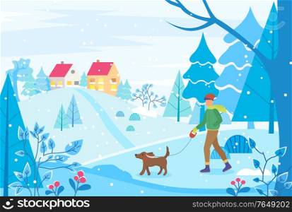 Winter cityscape with houses on hill. Man walking dog on leash. City landscape with trees and bushes. Frosty day in cold season of year. Strolling and relaxing male. Vector in flat style illustration. Man Walking Dog in Winter Landscape, Town View