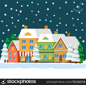 Winter cityscape with houses roofs covered with snow. Night town with homes and pine trees growing outdoors. Street with buildings and spruce with garlands. Christmas time celebration vector. Winter City at Night, Snowfall and Houses in Row
