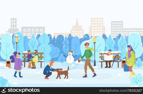 Winter cityscape with people walking and playing outdoors. Man walking dog on leash. Couple hugging in park. Old male reading newspaper. City with skyscrapers and trees greenery, vector in flat. Winter Scenery, City and Citizens Playing Outdoors