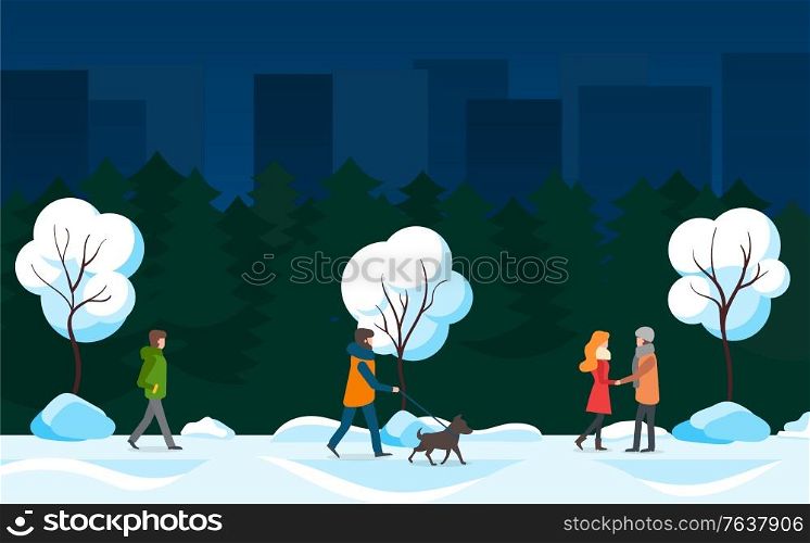 Winter cityscape with skyscrapers and buildings in background vector. People walking in town park with trees covered with snow. Man walking dog on leash. Female friends talking by snowy hill. Winter City Park, People Walking in Evening Vector