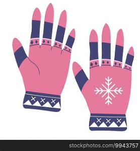 Winter clothes and accessories for wintertime, isolated pink mittens with snowflake print. Warm mittens for outdoors activities. Clothes for cold season, trends and fashion. Vector in flat style. Gloves with snowflake print, winter clothes vector