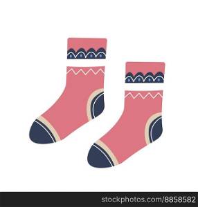 Winter clothes and accessories, isolated warm socks for cold weather. Knitted handmade clothing for frost, geometric shapes and lines print. Fashionable and stylish apparel. Vector in flat style. Warm socks with geometric print, winter clothes