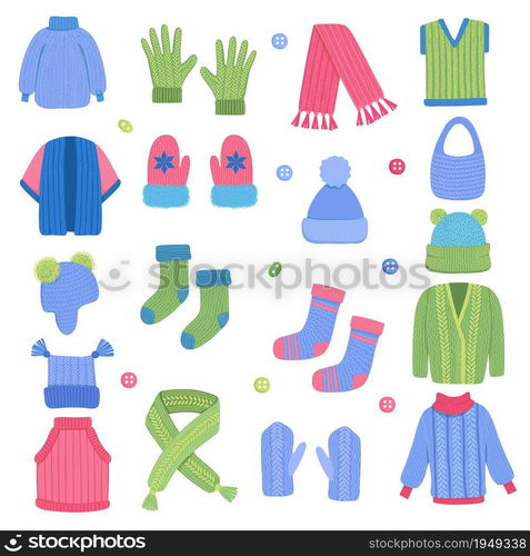 Winter clothes. Fabric knitting stylish wardrobe scarf woolen coat cardigan wear clothes vector set. Illustration fabric accessory, christmas textile clothing. Winter clothes. Fabric knitting stylish wardrobe scarf woolen coat cardigan wear clothes vector set