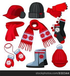 Winter clothes. Hat cap scarf mittens fur christmas fashion clothes isolated on white vector collection. Illustration of warm gloves and socks, boots and scarf. Winter clothes. Hat cap scarf mittens fur christmas fashion clothes isolated on white vector collection