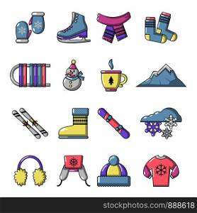 Winter clothes icons set. Cartoon illustration of 16 winter clothes vector icons for web. Winter clothes icons set, cartoon style