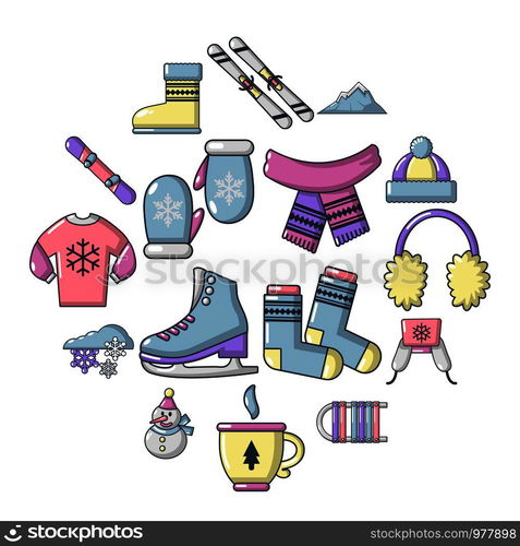 Winter clothes icons set. Cartoon illustration of 16 winter clothes vector icons for web. Winter clothes icons set, cartoon style