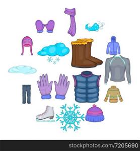 Winter clothes icons set in cartoon style. Clothes and accessories for skating set collection vector illustration. Winter clothes icons set, cartoon style