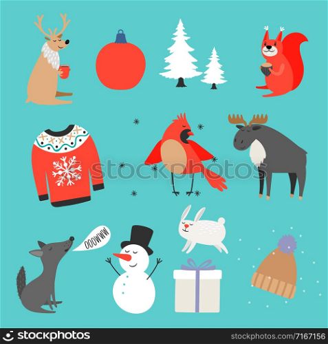 Winter collection. Warm sweater, hat, cute animals and christmas elements vector design. Christmas animal character, wolf and deer illustration. Winter collection. Warm sweater, hat, cute animals and christmas elements vector design