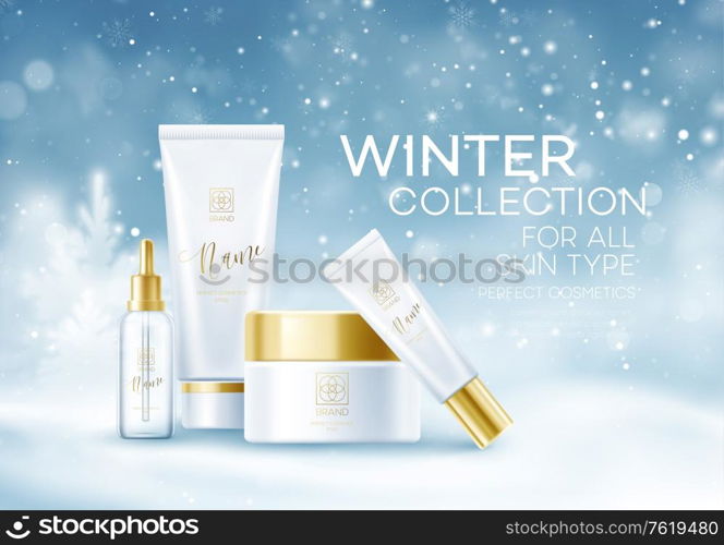 Winter cosmetics background template. Cosmetic tubes on Winter snowy landscape background. Snow dust background. Vector illustration EPS10. Winter cosmetics background template. Cosmetic tubes on Winter snowy landscape background. Snow dust background. Vector illustration