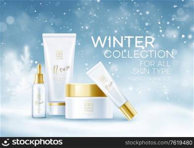 Winter cosmetics background template. Cosmetic tubes on Winter snowy landscape background. Snow dust background. Vector illustration EPS10. Winter cosmetics background template. Cosmetic tubes on Winter snowy landscape background. Snow dust background. Vector illustration