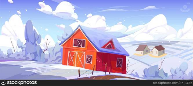 Winter countryside landscape with farm barn, agriculture field and houses. Vector cartoon illustration of rural scene, farmland with granary, road, fence and white snow on trees and bushes. Winter countryside landscape with farm barn, field