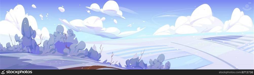 Winter countryside landscape with white snow on fields and bushes. Vector cartoon panoramic illustration of nature scene with snowy hills in frost, path and clouds in sky. Winter countryside landscape with snow on fields