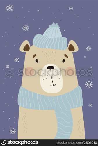 Winter cute bear in winter knitted hat and scarf on background of snowflakes. Vertical vector illustration in flat style. Postcard, for print and design, childrens collection