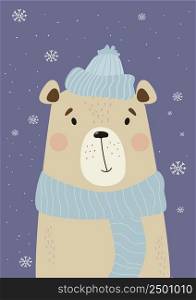 Winter cute bear in winter knitted hat and scarf on background of snowflakes. Vertical vector illustration in flat style. Postcard, for print and design, childrens collection