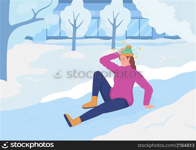 Winter dangerous situation flat color vector illustration. Urban park in december. Everyday situation. Woman slipped on iced 2D cartoon character with urban cityscape on background. Winter dangerous situation flat color vector illustration