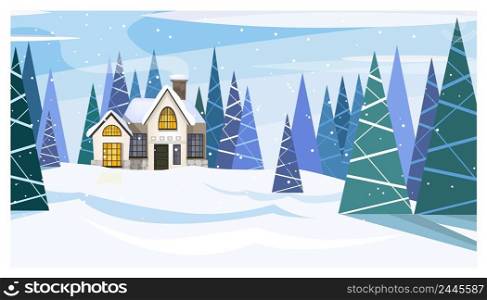 Winter day landscape with cottage and fir-trees. Snowy country scene vector illustration. Country cottage concept. For websites, wallpapers, posters or banners.. Winter day landscape with cottage and fir-trees