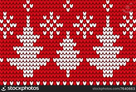 Winter decorative background vector. Holiday white ornament of trees on red canvas. Xmas sweater with embroidery of snowflakes and firs. Christmas and New Year celebration postcard, illustration. Christmas Winter Background or Ornament of Spruces