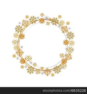 Winter decorative frame with golden and silver frothen elements, round circular lines, decor element for invitations and greeting cards vector illustration. Winter Decorative Frame Frothen Element Vector