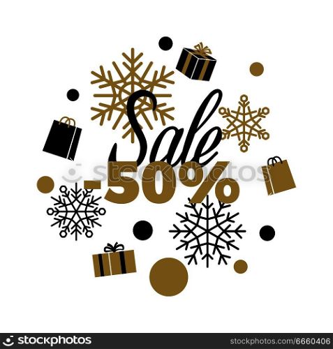 Winter discount 50% Sale sign on white background with black and gold present boxes, shopping bags, different shaped dots and snowflakes. Isolated vector illustration of advertising sale poster.. Sale Winter Discount. -50% Sale Vector Illustration