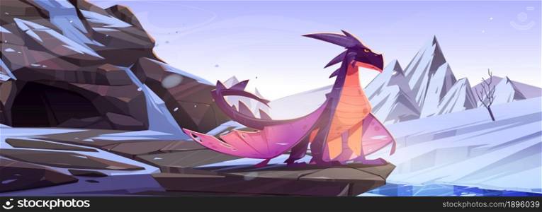 Winter dragon sitting on rock at snowy mountains landscape. Cartoon fantasy character, magic creature observe territory. Fairytale flying animal, book or computer game personage, Vector illustration. Winter dragon sitting on rock at snowy mountains