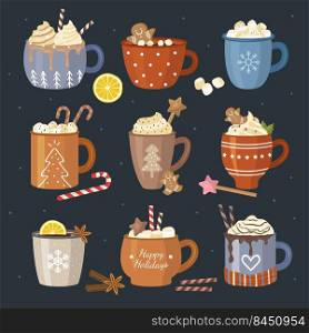 Winter drinks. Beverages christmas celebration liquid food coffee tea cappuccino with marshmallows decorative mugs recent vector flat illustrations. Winter holiday drink, christmas design coffee. Winter drinks. Beverages christmas celebration liquid food coffee tea cappuccino with marshmallows decorative mugs recent vector flat illustrations