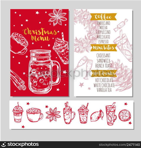 Winter drinks menu in red color with coffee mini bites hot drinks headlines vector illustration. Winter Drinks Menu