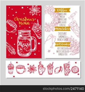 Winter drinks menu in red color with coffee mini bites hot drinks headlines vector illustration. Winter Drinks Menu