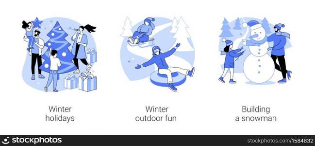 Winter entertainment abstract concept vector illustration set. Winter holidays, outdoor fun, building a snowman, Christmas eve, snowball fight, sledding, ski resort vacation abstract metaphor.. Winter entertainment abstract concept vector illustrations.