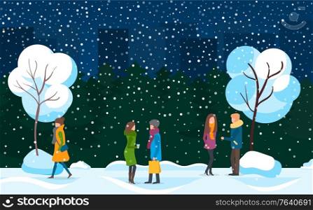 Winter evening snowfall and people vector. Neighbors female friends talking in park at night. Couple man and woman standing by tree covered with snow. Lady wearing warm clothes walking home flat style. People Walking in City Park in Winter Blizzard
