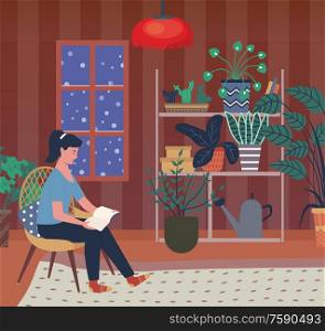 Winter evening vector, woman reading book sitting in chair in room with plants and green foliage in pots. Watering can on shelf, snowing weather outdoors. Woman Reading Book in Winter Evening at Home Alone