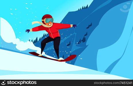 Winter extreme sports background with snowboarding symbols flat vector illustration