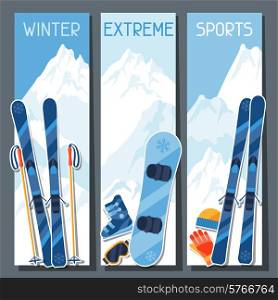 Winter extreme sports banners with mountain winter landscape.